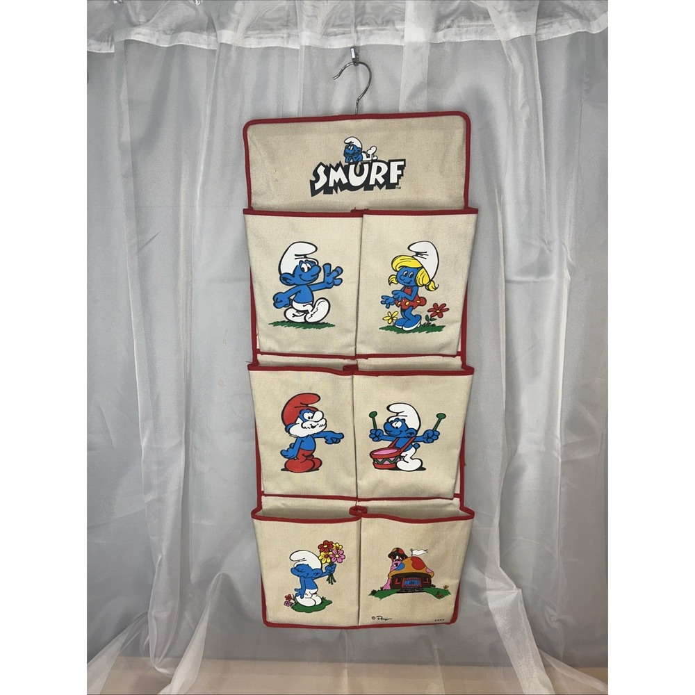 Vtg Smurfs Hanging Shoe Organizer Storage Hanger Peyer Papa Smurf Cartoon 80s